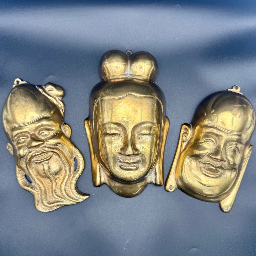 Solid Brass‎ Vintage Asian Fu Lu Shou Wall Masks Set Of 3 Hong Kong 5.15Lbs
